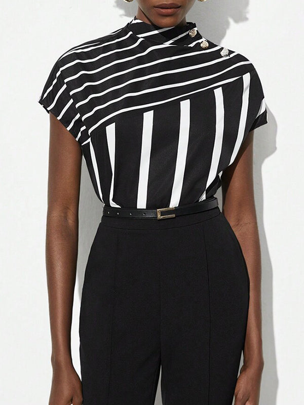 Asymmetric Split-Joint Striped Batwing Sleeves Loose High Neck T-Shirts Tops