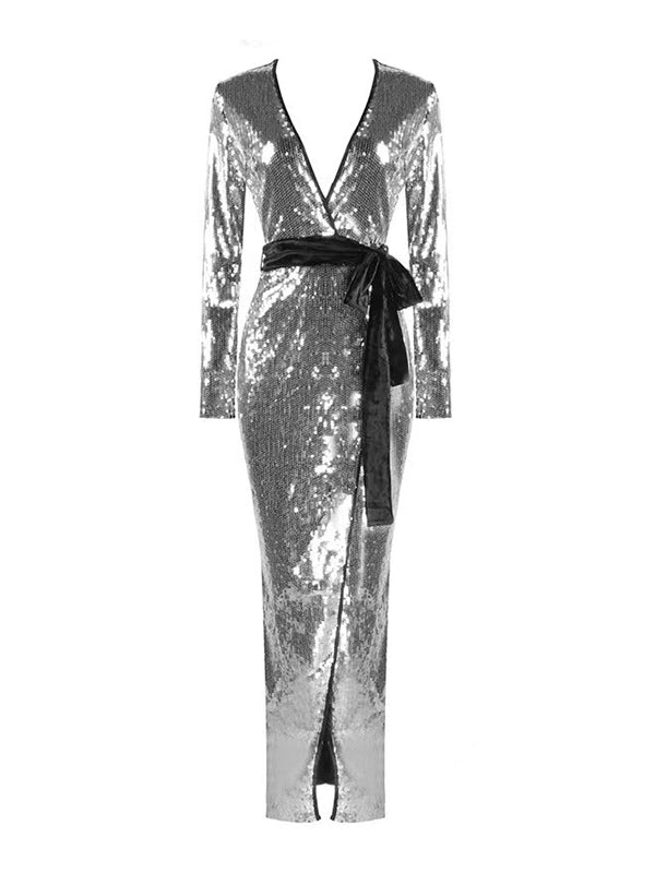 Bandage Belted Sequined Split-Front Zipper Long Sleeves Deep V-Neck Midi Dresses