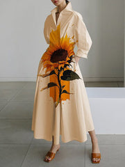 Flower Print Pleated Pockets A-Line Long Sleeves Stand Collar Shirt Dress Midi Dresses