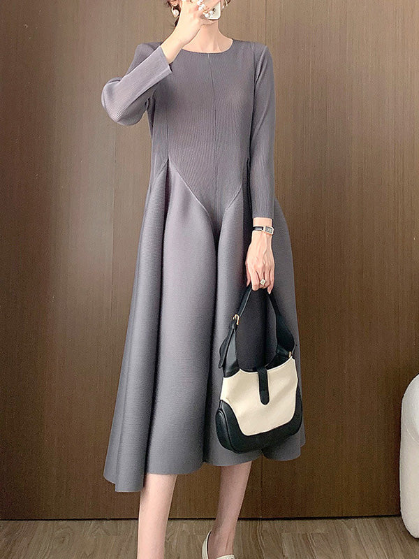 Pleated Solid Color Split-Joint A-Line Loose Round-Neck Midi Dresses