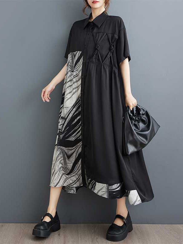 Asymmetric Buttoned Pockets Split-Joint A-Line Loose Lapel Shirt Dress Midi Dresses
