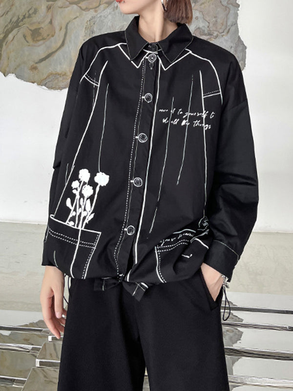 Casual Contrast Color Printed Drawstring Blouse Top
