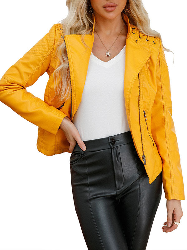 Split-Joint Zipper Long Sleeves Mock Neck Outerwear PU Jackets