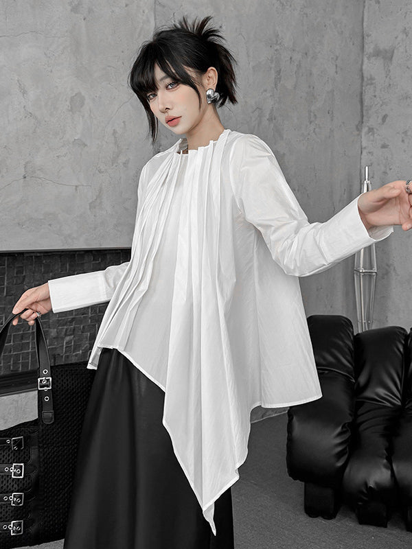 Asymmetric Pleated Solid Color Hipster Irregularity Round-Neck Blouses&Shirts Tops