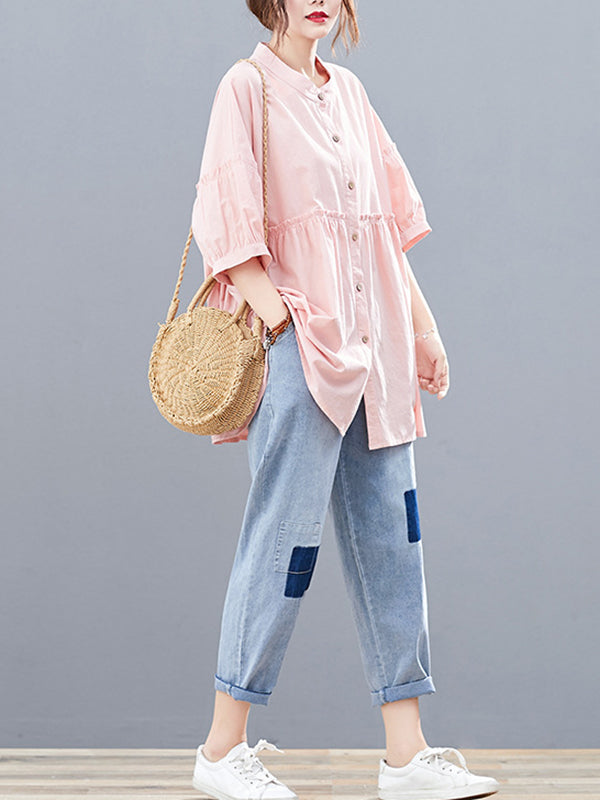 Artistic Retro Loose Half Sleeves Pleated Falbala Split-Joint Solid Color Blouses