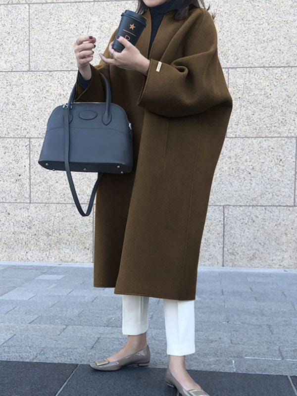 Solid Color Long Sleeves Loose Collarless Woolen Coat