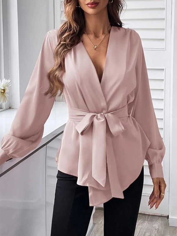 Pleated Solid Color Split-Joint Tied Waist Loose Puff Sleeves V-neck Blouses&shirts Tops