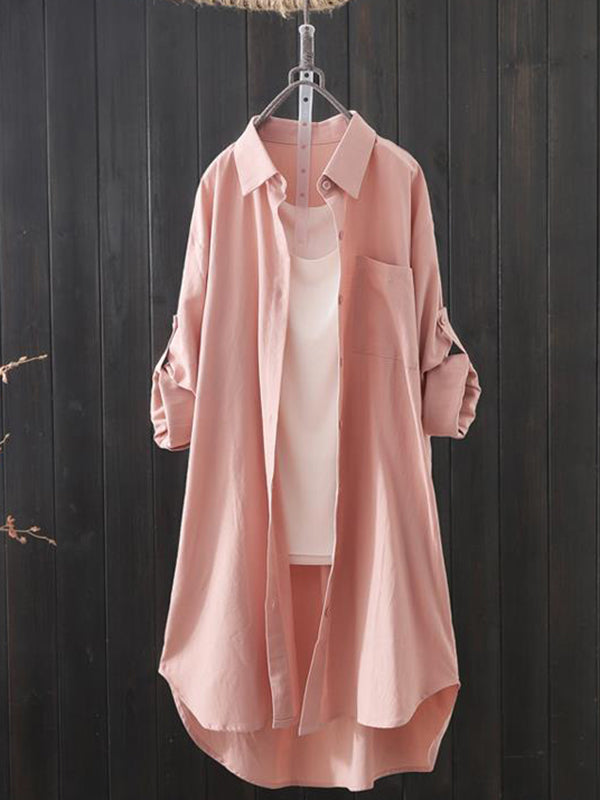 Solid Color High-low Long Sleeves Lapel Shirts Tops
