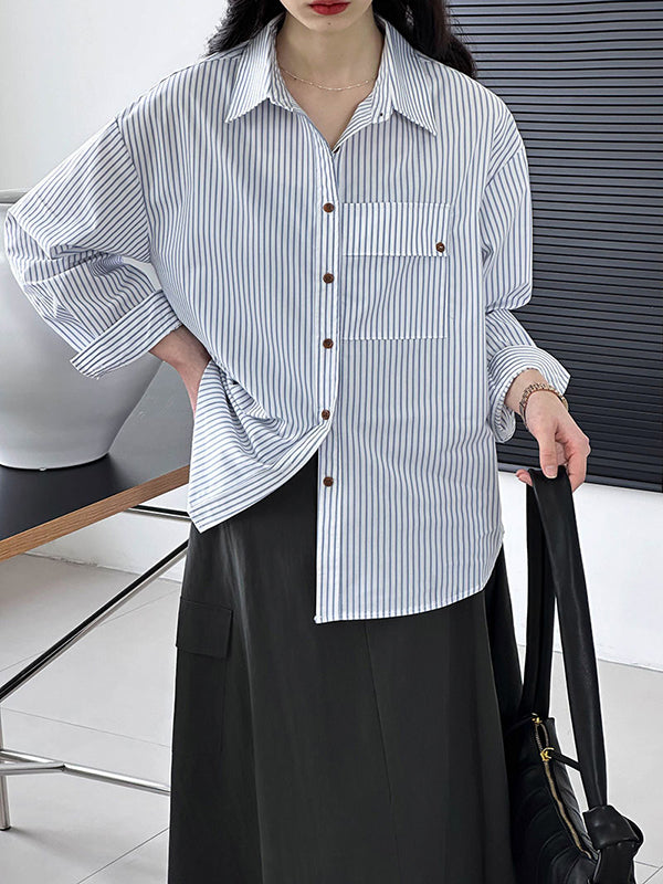 Buttoned Pockets Striped Long Sleeves Loose Lapel Blouses&Shirts Tops
