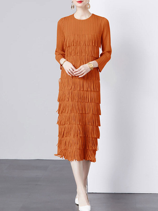 Pleated Solid Color Split-Joint Tasseled Long Sleeves Loose Round-Neck Midi Dresses