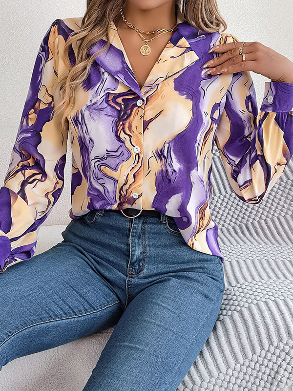 Buttoned Printed Long Sleeves Loose Notched Collar Blouses&Shirts Tops