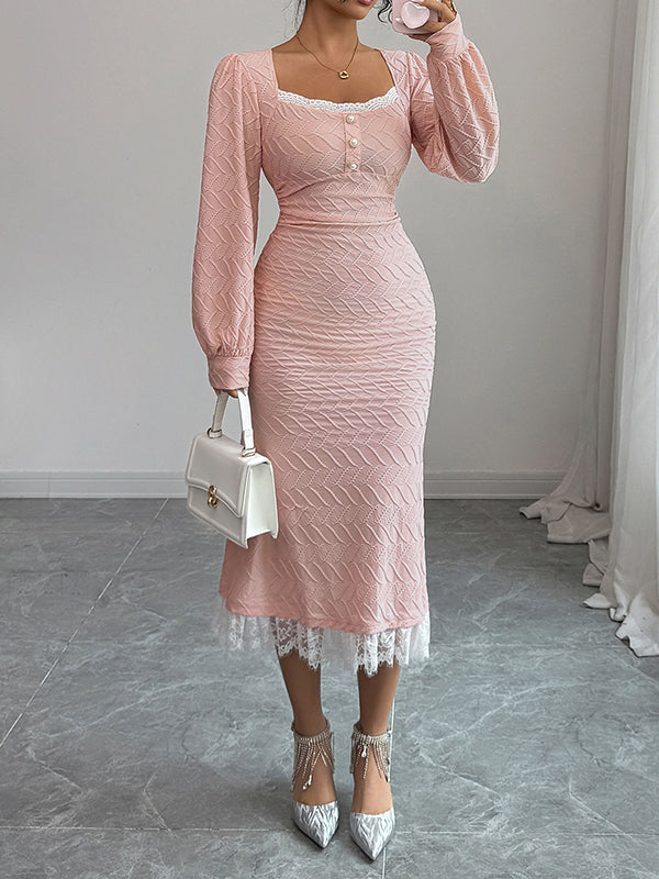 Lacy Pleated Solid Color Split-Joint Zipper Bodycon High Waisted Square-Neck Midi Dresses