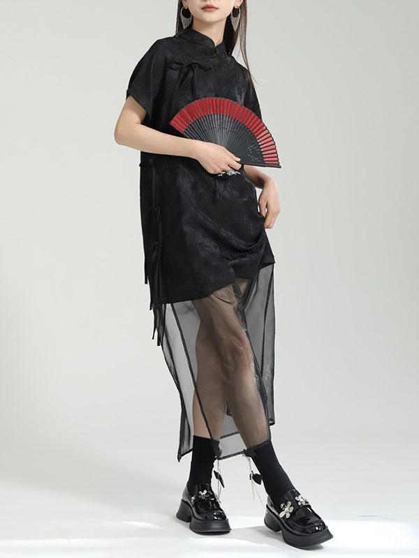 Gauze Jacquard Solid Color False Two Short Sleeves Stand Collar Midi Dresses Long Cheongsams