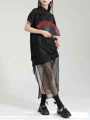 Gauze Jacquard Solid Color False Two Short Sleeves Stand Collar Midi Dresses Long Cheongsams