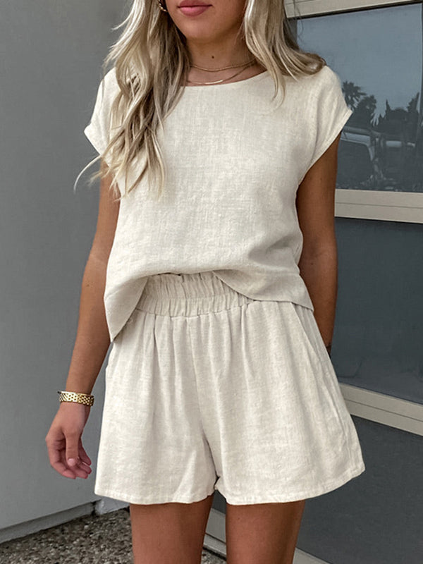 Round-Neck Loose Sleeveless Solid Color Split-Joint Vest Top + Elasticity Shorts Bottom Two Pieces Set
