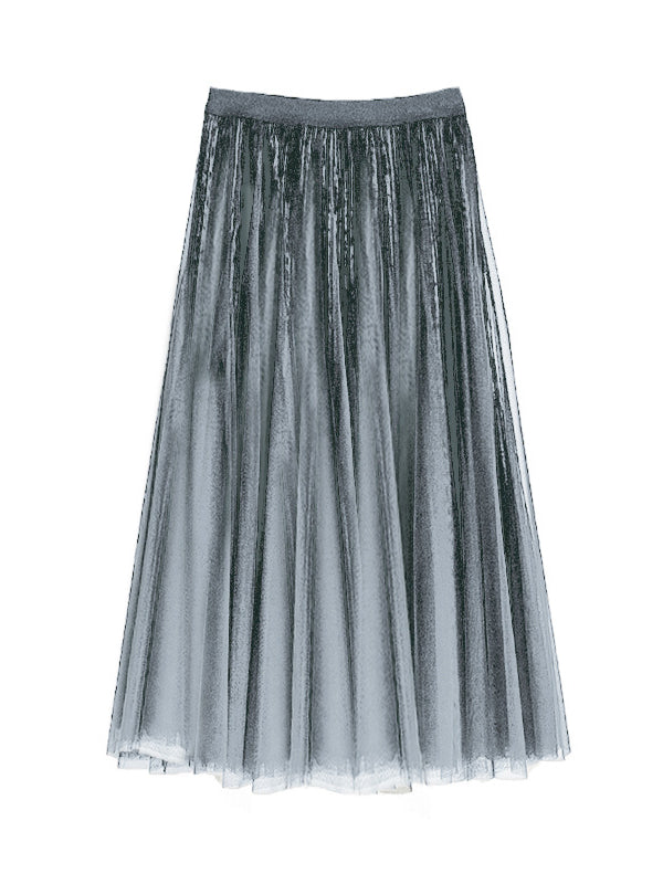Gauze Pleated Solid Color Split-Joint A-Line High Waisted Skirts