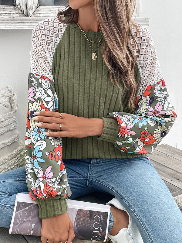 Contrast Color Flower Print Split-Joint Long Sleeves Loose Round-Neck T-Shirts Tops