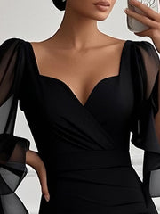 Solid Color Split-side Zipper Flared Sleeves Long Sleeves V-neck Maxi Dresses