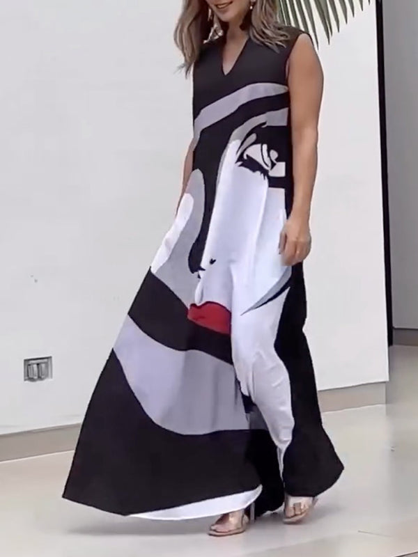 Figure Printed Loose Sleeveless V-neck Maxi Dresses