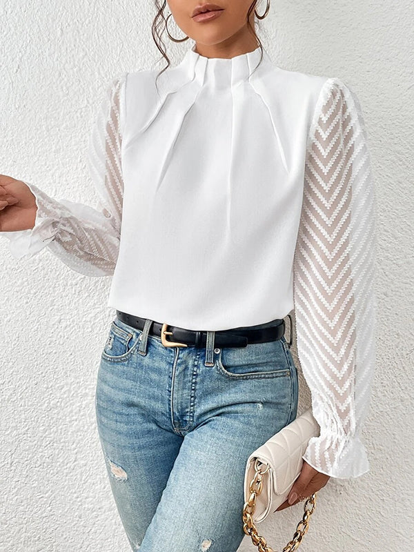 Elasticity Mesh Pleated Solid Color Long Sleeves Loose Mock Neck Blouses&Shirts Tops
