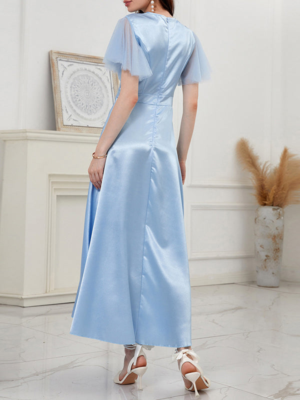 Gauze Solid Color Split-Joint A-Line High Waisted V-Neck Maxi Dresses
