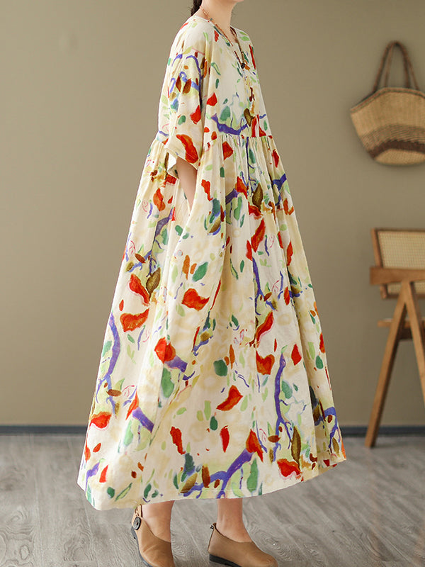 Printed Oversize Puff Sleeves Round-Neck Midi Dresses