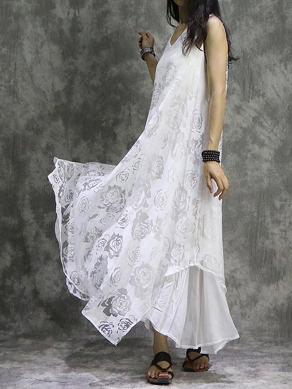 Flower Print Solid Color False Two Loose V-Neck Midi Dresses