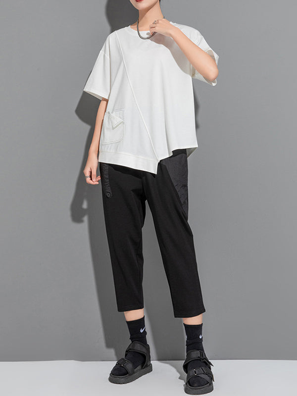 Asymmetric Solid Color Split-Joint Loose Short Sleeves Round-Neck T-Shirts Tops