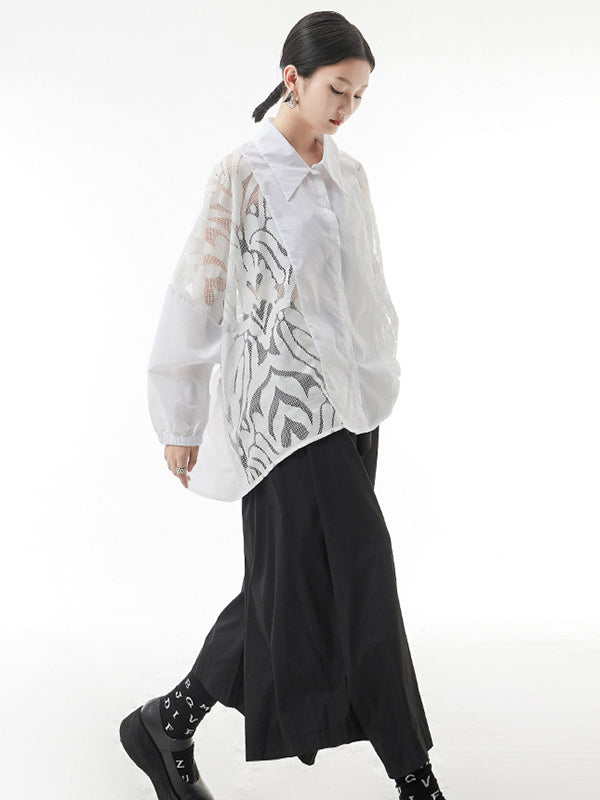 Urban See-Through Lace Split-Joint Lapel Blouse