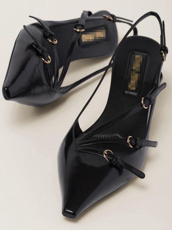 Belt Buckle Hollow Pointed-Toe Split-Joint Sling Shoes Pumps Sandals