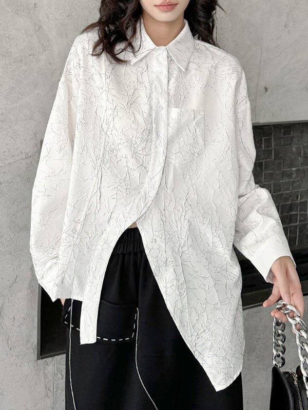 Abstract Printed Asymmetric Buttoned Wrinkled Irregularity Long Sleeves Lapel Blouses&Shirts Tops