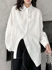 Abstract Printed Asymmetric Buttoned Wrinkled Irregularity Long Sleeves Lapel Blouses&Shirts Tops