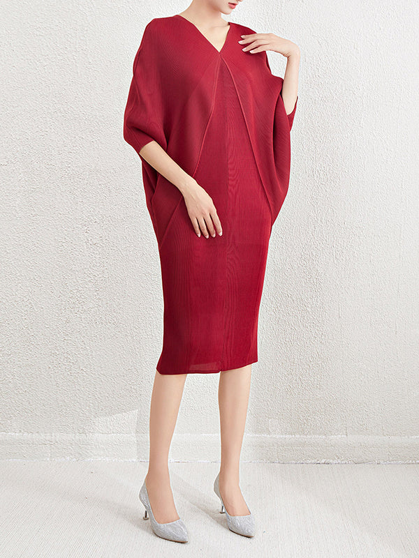 Pleated Solid Color Batwing Sleeves Loose V-Neck Midi Dresses