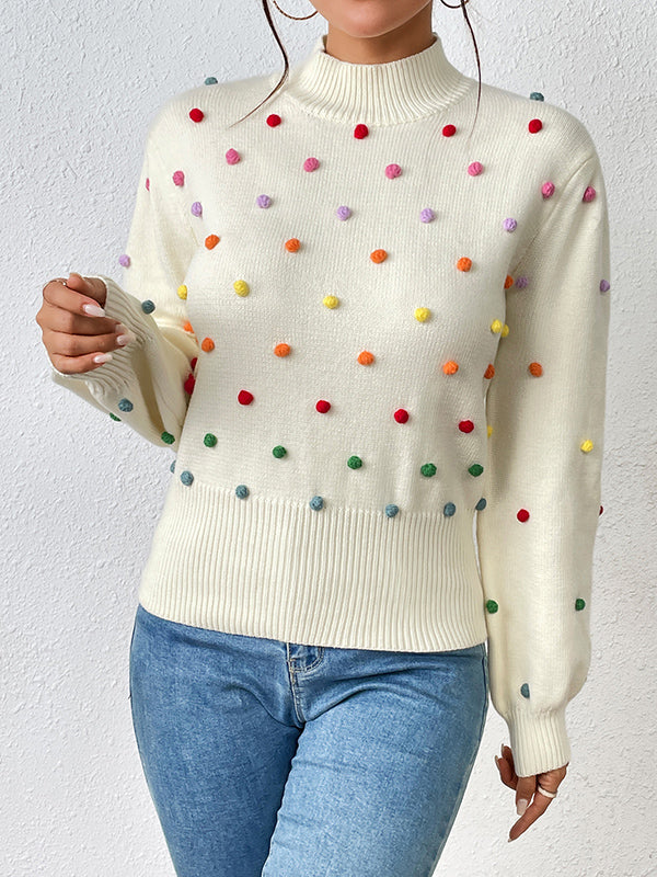 Pompom Triming Long Sleeves Loose Round-Neck Sweater Tops Pullovers Knitwear