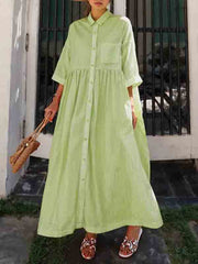 Buttoned Pleated Pockets Split-Joint Striped A-Line Half Sleeves Lapel Maxi Dresses