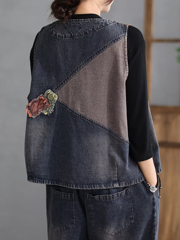 Loose Split-Joint V-Neck Vest Top + Jean Harem Pants Bottoms  Two Pieces Set