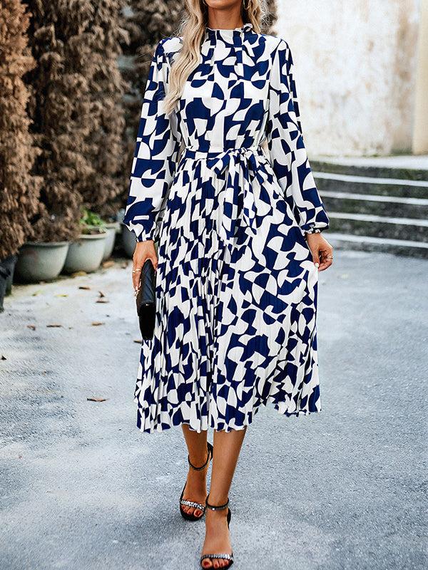 Pleated Printed Tied Waist Long Sleeves Loose Mock Neck Midi Dresses