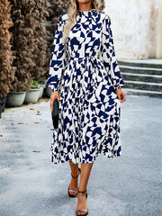 Pleated Printed Tied Waist Long Sleeves Loose Mock Neck Midi Dresses