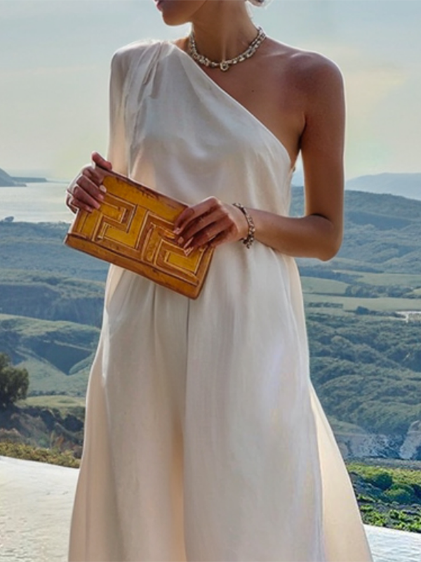 Solid Color Loose Sleeveless One-Shoulder Jumpsuits