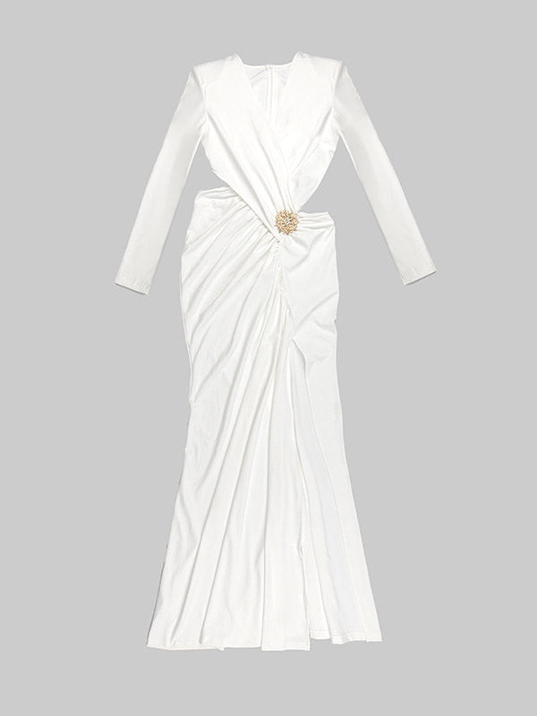 Asymmetric Hollow Pleated Rhine Stones Shoulder Pad Split-Side Long Sleeves Skinny V-Neck Maxi Dresses
