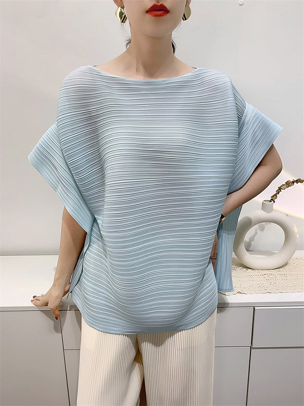 Pleated Solid Color Batwing Sleeves Loose Round-Neck T-Shirts Tops