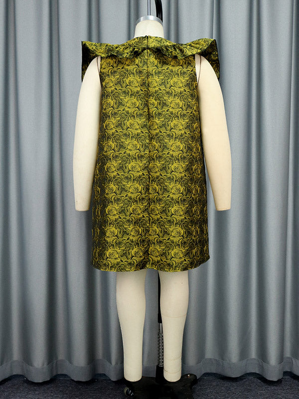 Flower Print Ruffled Zipper High Waisted Loose Round-Neck Mini Dresses