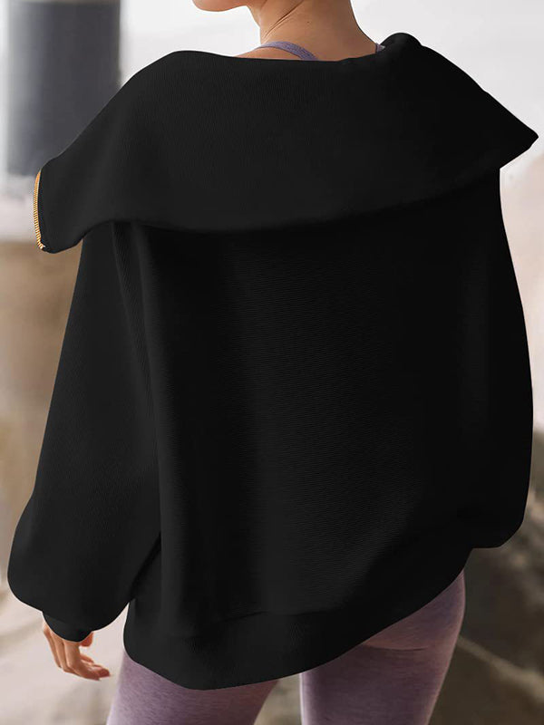 Solid Color Zipper Long Sleeves Loose Lapel Sweatshirt Tops