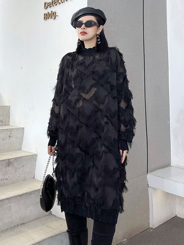 Asymmetric Mesh Pockets See-Through Solid Color Split-Joint Tasseled Irregularity Long Sleeves Stand Collar Midi Dresses