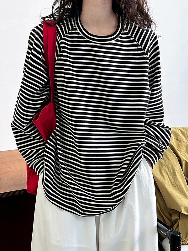 Contrast Color Striped Long Sleeves Loose Round-neck Sweatshirt Tops