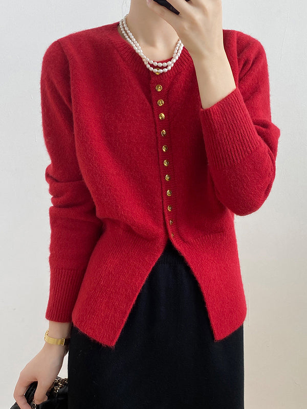 Elegant Long Sleeves Solid Color Round-Neck Cardigan Tops