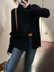 Split-Front Long Sleeves Loose Mock Neck Sweater Tops Pullovers