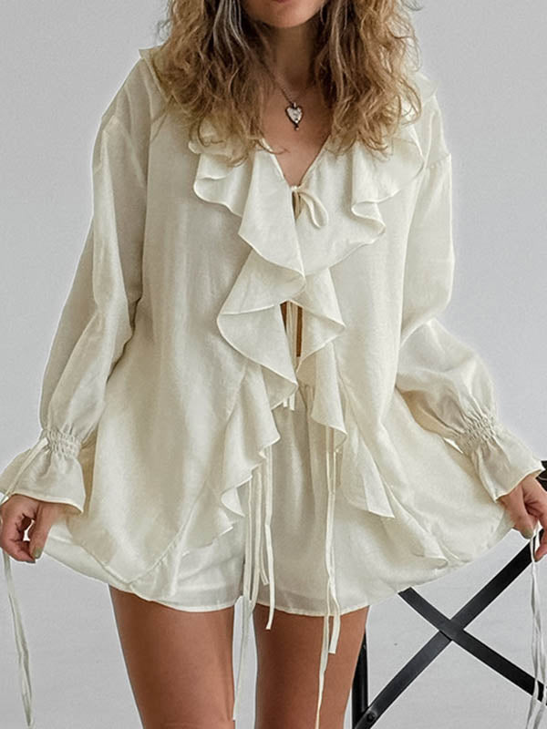 V-Neck Long Sleeves Loose Ruffle Trim Solid Color Tied Blouses&Shirts Tops + Elasticity Shorts Bottom Two Pieces Set