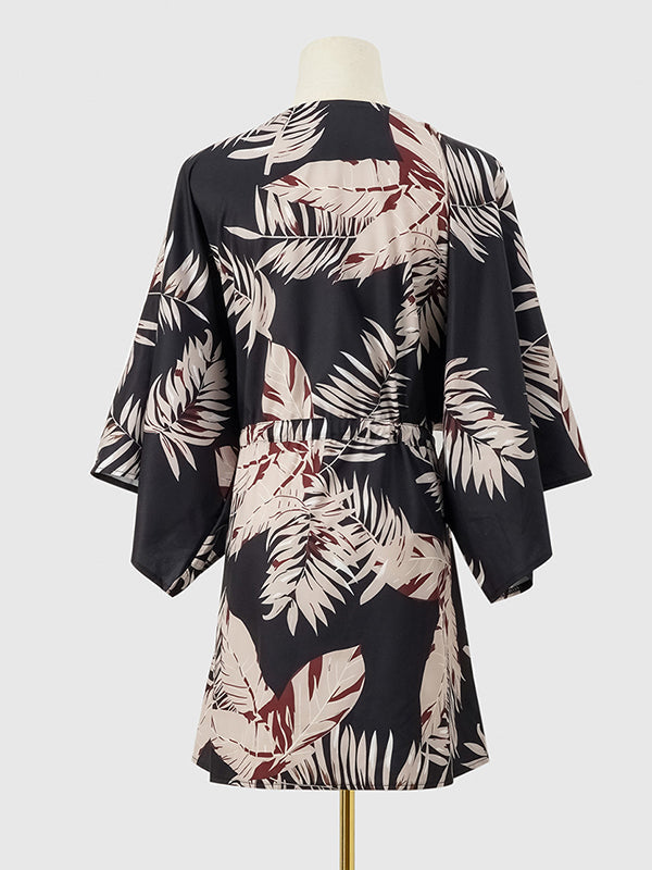 Buttoned Drawstring Leaves Print A-Line Half Sleeves V-Neck Mini Dresses