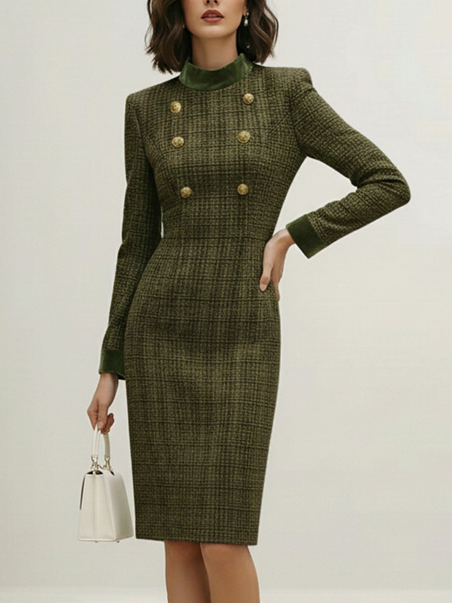 Buttoned Solid Color Split-Joint Zipper High Waisted Long Sleeves Mock Neck Midi Dresses